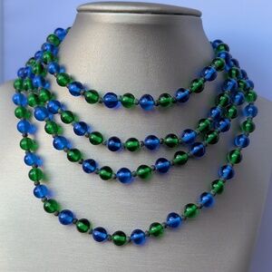 Green & Blue Glass beads. Vintage 56" long necklace, wear‎ it different ways.
